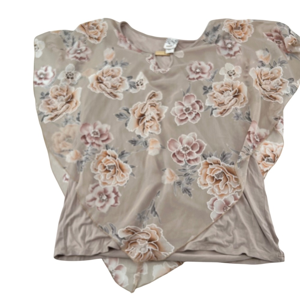 Naif Womens Floral Layered Poncho Top Taupe‎ Rose Handkerchief Hem DT2615 L